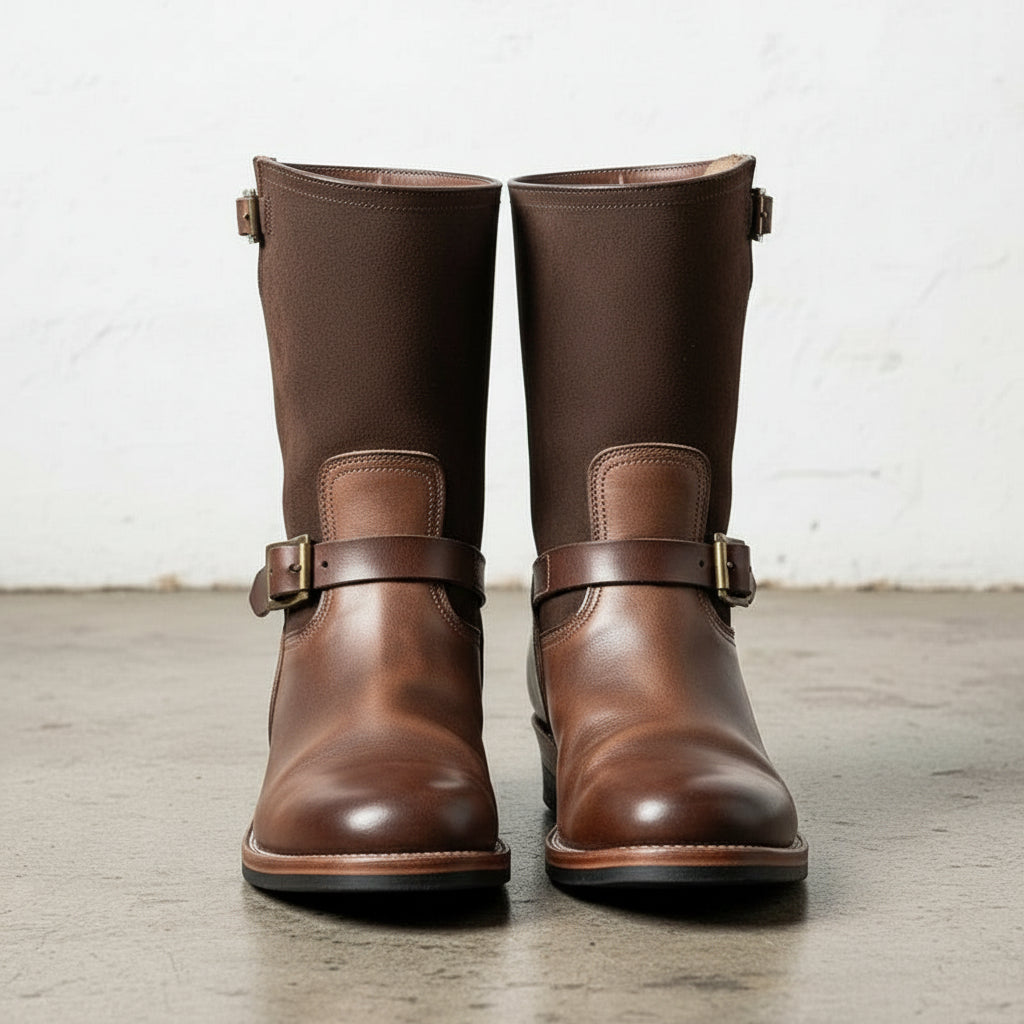 Walnut-Handmade Men Two Tone Biker Boots, Men and Motorcycle Boot-front-view