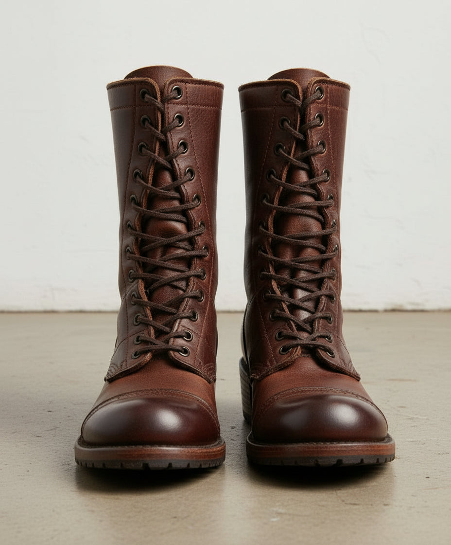 Walnut-Men's Antique Style Boots High Ankle Cap Toe Biker Boot-front-view