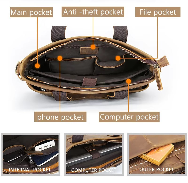 Handmade Business Classic Zipper Genuine Leather Unisex Laptop Briefcase
