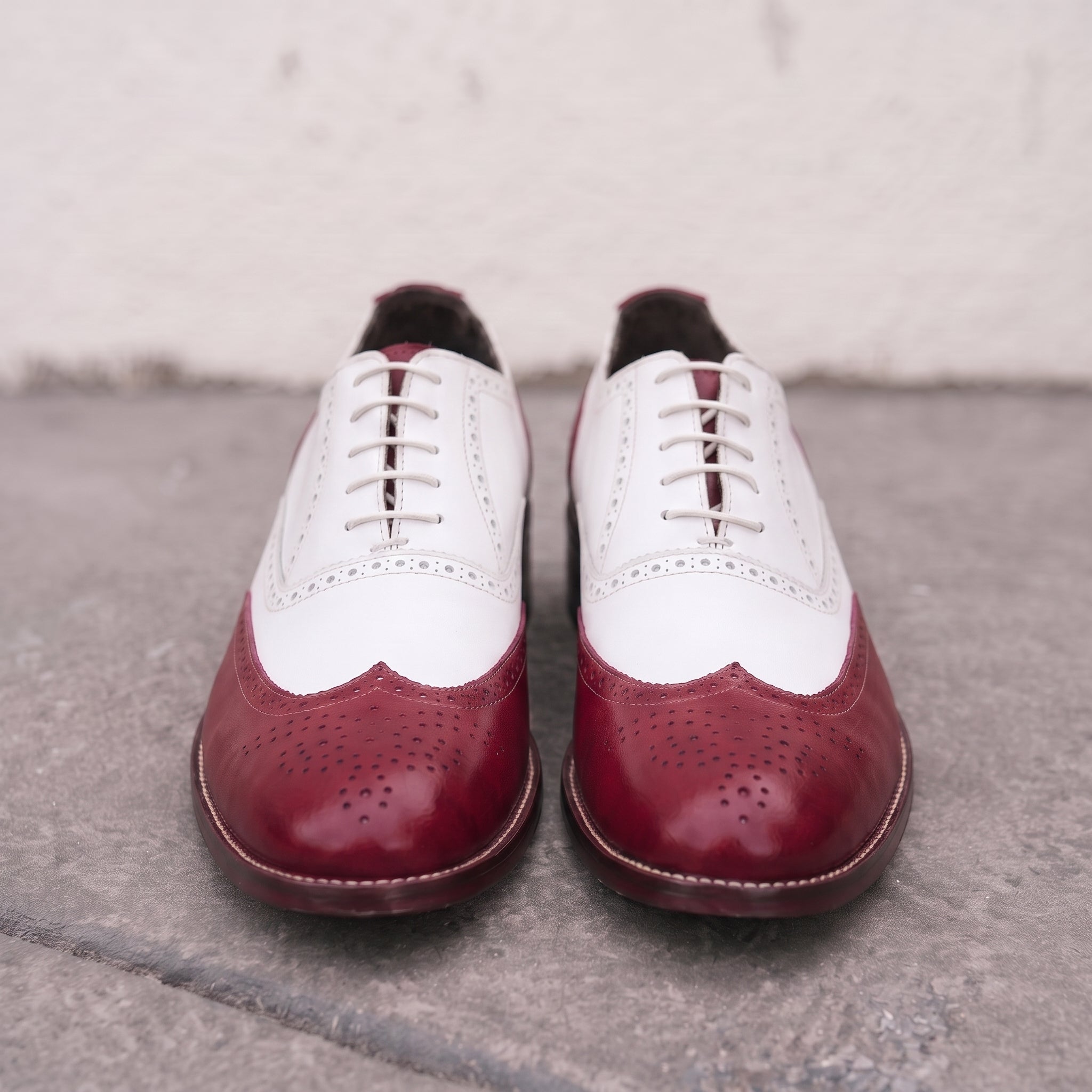 White and Burgundy Wingtip Leather Spectator Oxfords — Alsop