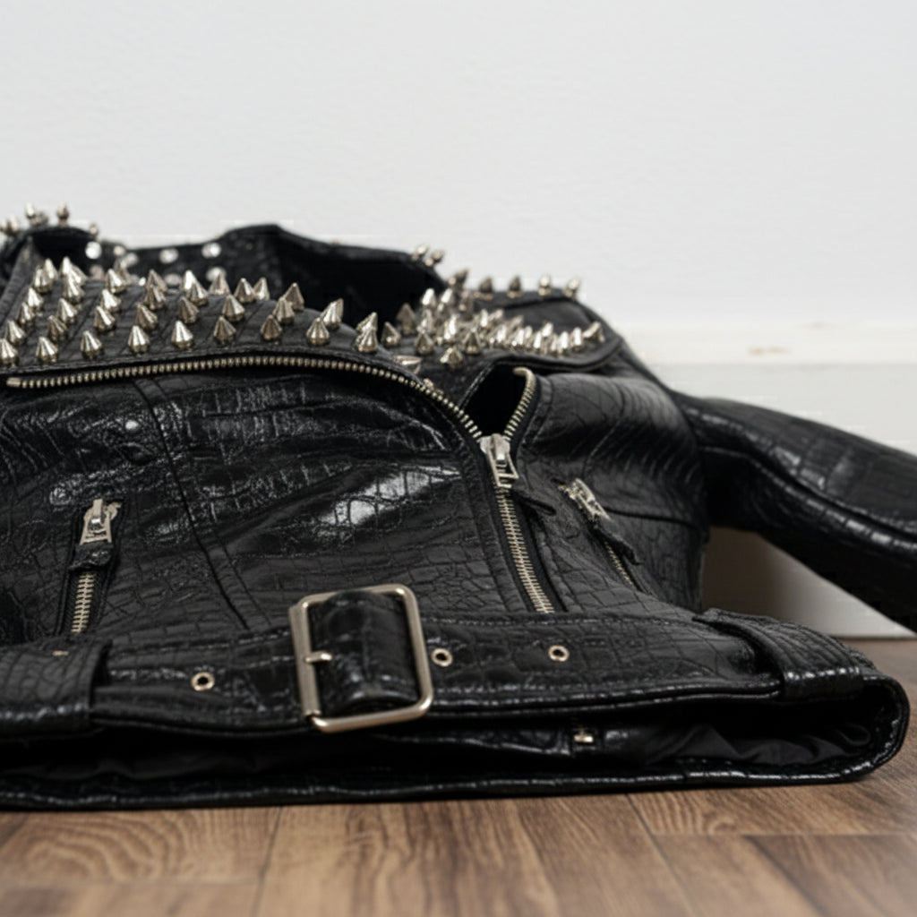 Women Alligator Textured Leather Studded and Spiked Rock