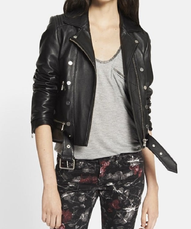 Women black Biker leather Jacket, Sheepskin Belted jacket for women