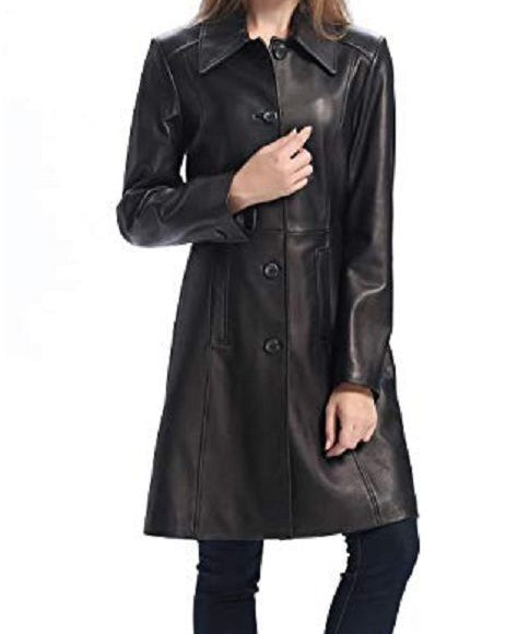 Women Black Color Genuine Lamb Skin Walking Coat, Black Long Coat
