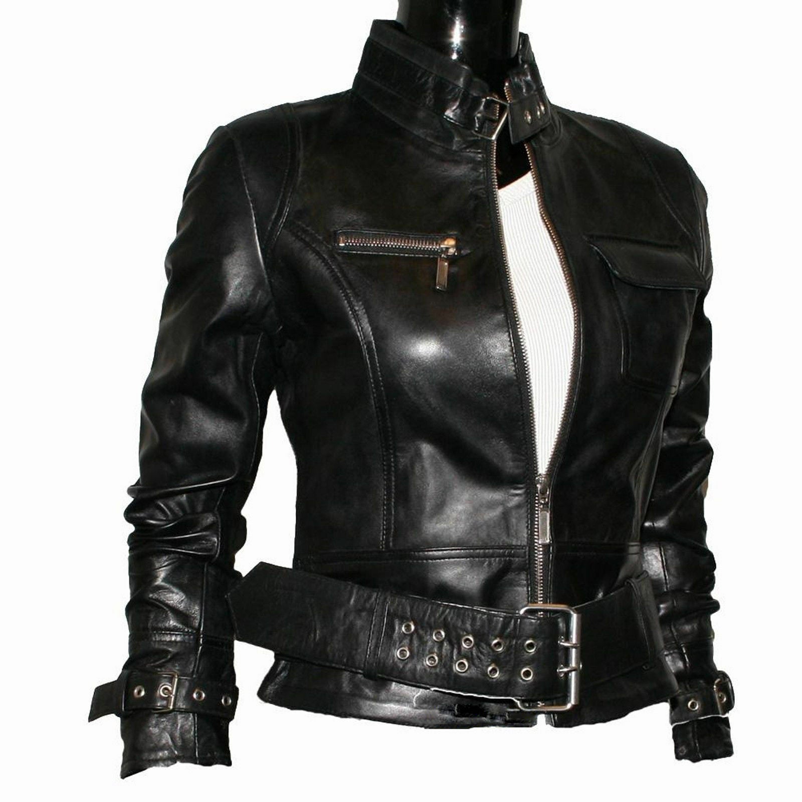 Punk Women Black Leather Belted Jacket, Women Style Leather Jacket