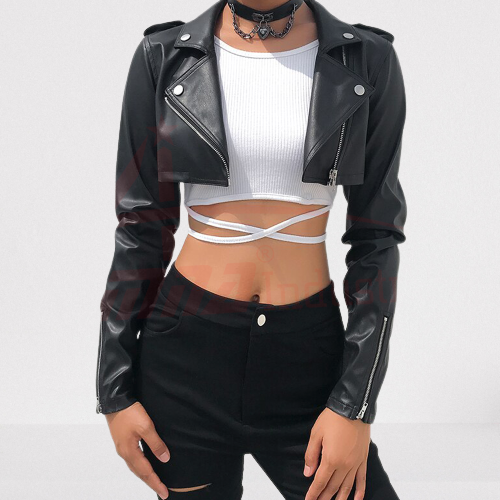 Women Black Leather Cropped Biker Jacket, Chic fashion cropped jacket