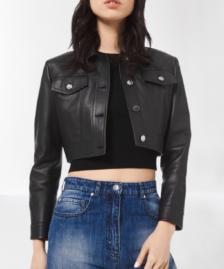 Women Black Leather Cropped Fashion Leather Jacket wit Buttoned closure
