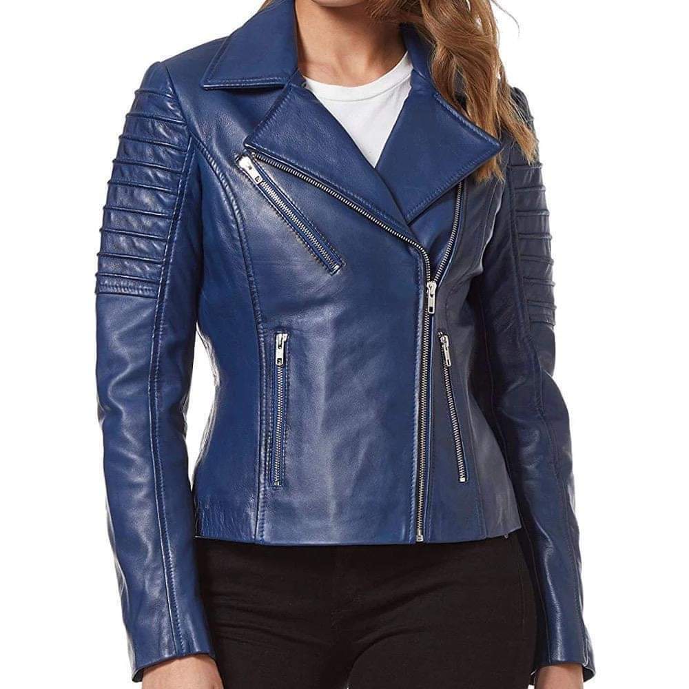 Women blue biker leather jacket, Women leather jacket, Motorcycle jacket