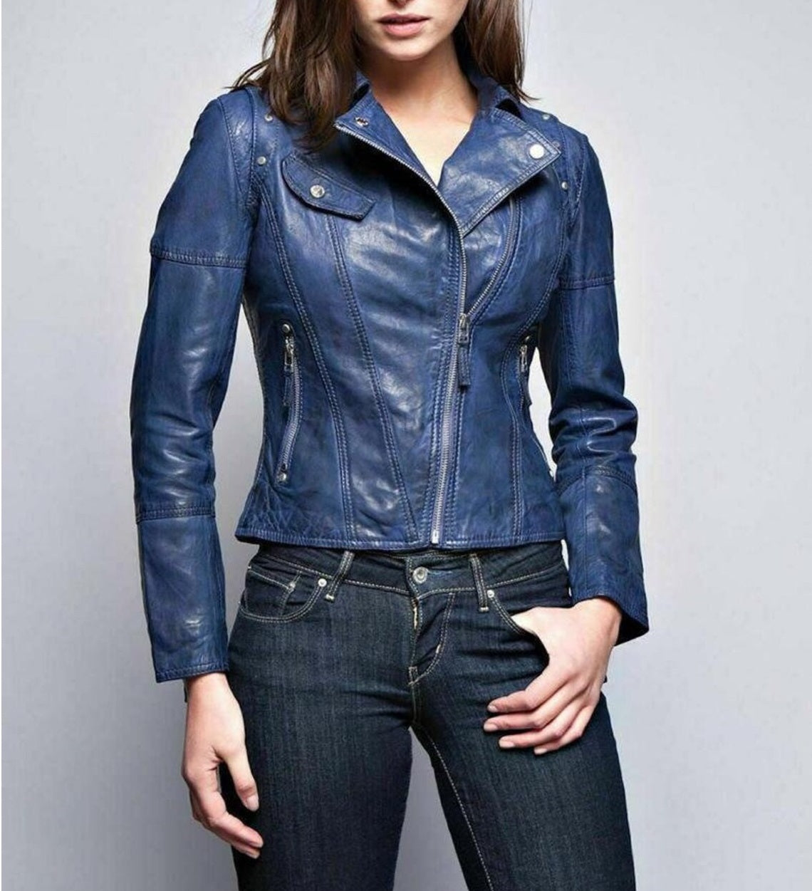 Women Blue Leather Slimfit Biker Fashion Jacket, Party Jacket for Women