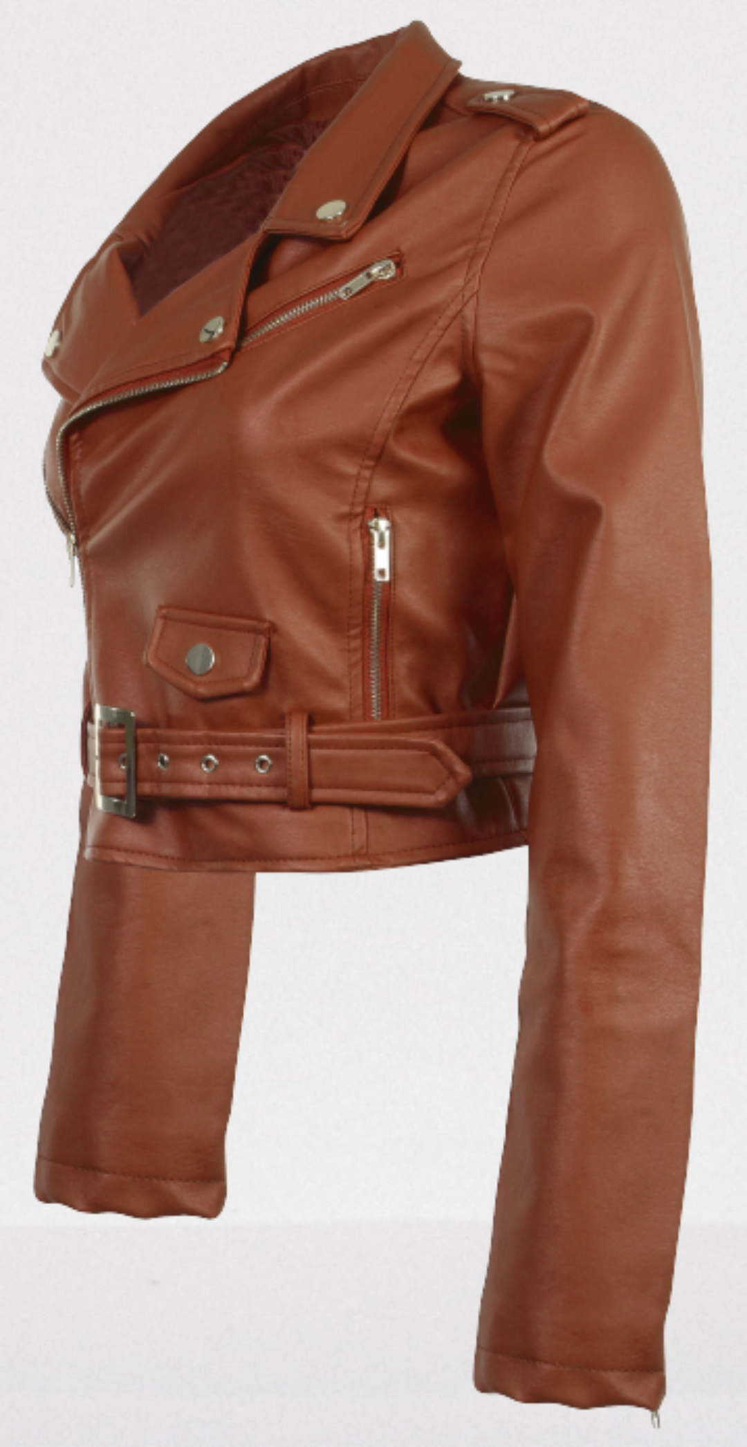 Handmade Women Brown Leather Cropped Biker Jacket, Cropped Belted Fashion Jacket
