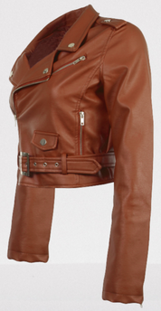 Handmade Women Brown Leather Cropped Biker Jacket, Cropped Belted Fashion Jacket