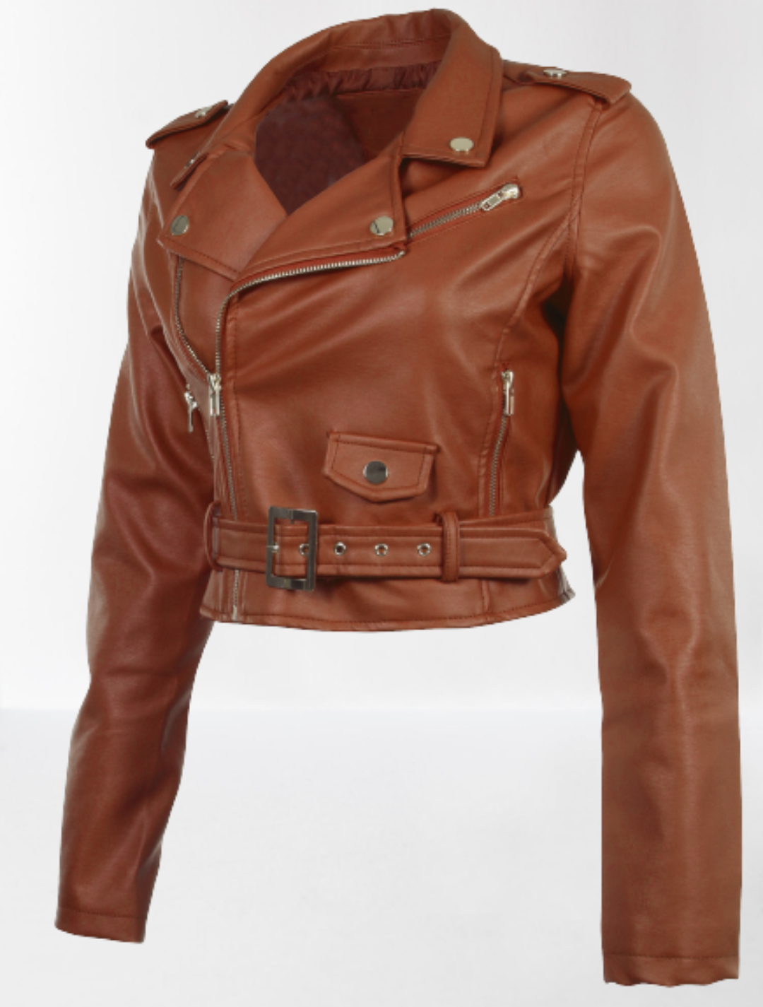 Women brown leather cropped biker jacket, Cropped Belted Fashion Jacket