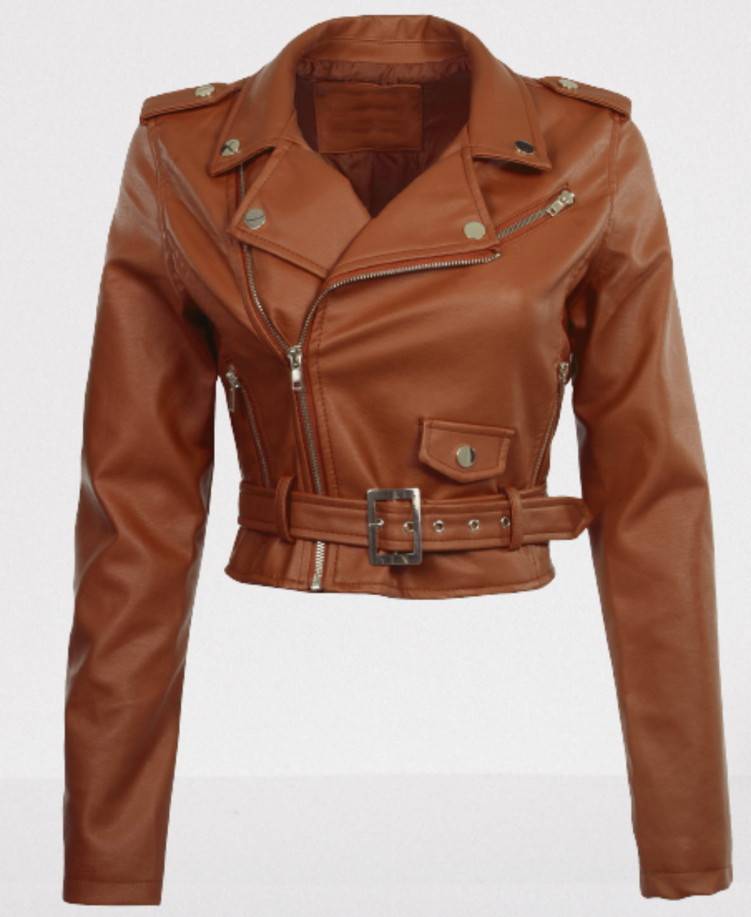 Women brown leather cropped biker jacket, Cropped Belted Fashion Jacket