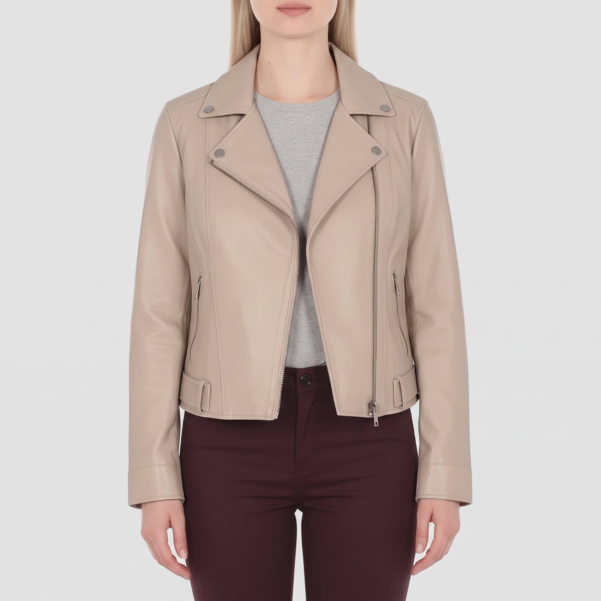 Women's Beige Leather Double Rider Jacket — Osgood