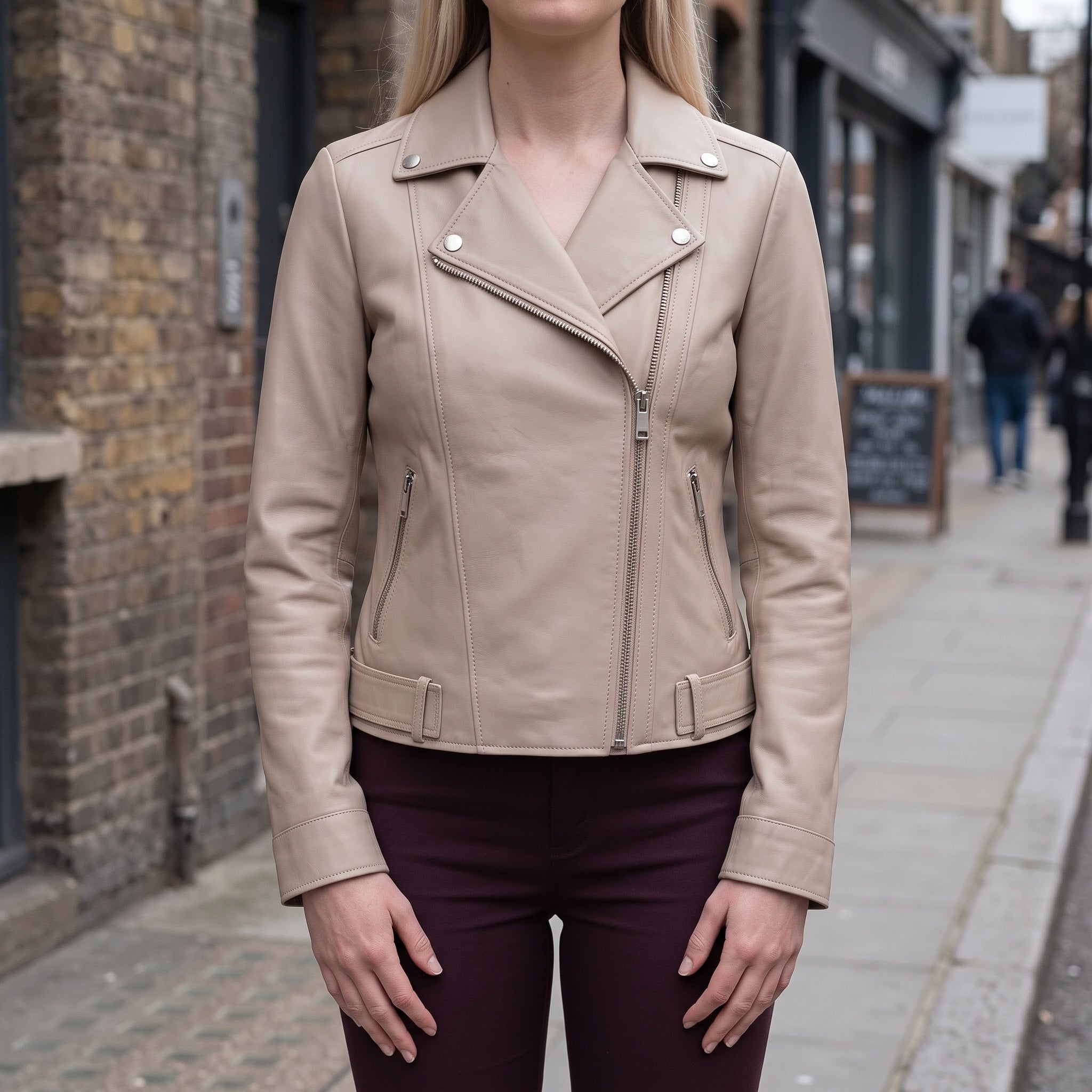 Women's Beige Leather Double Rider Jacket — Osgood