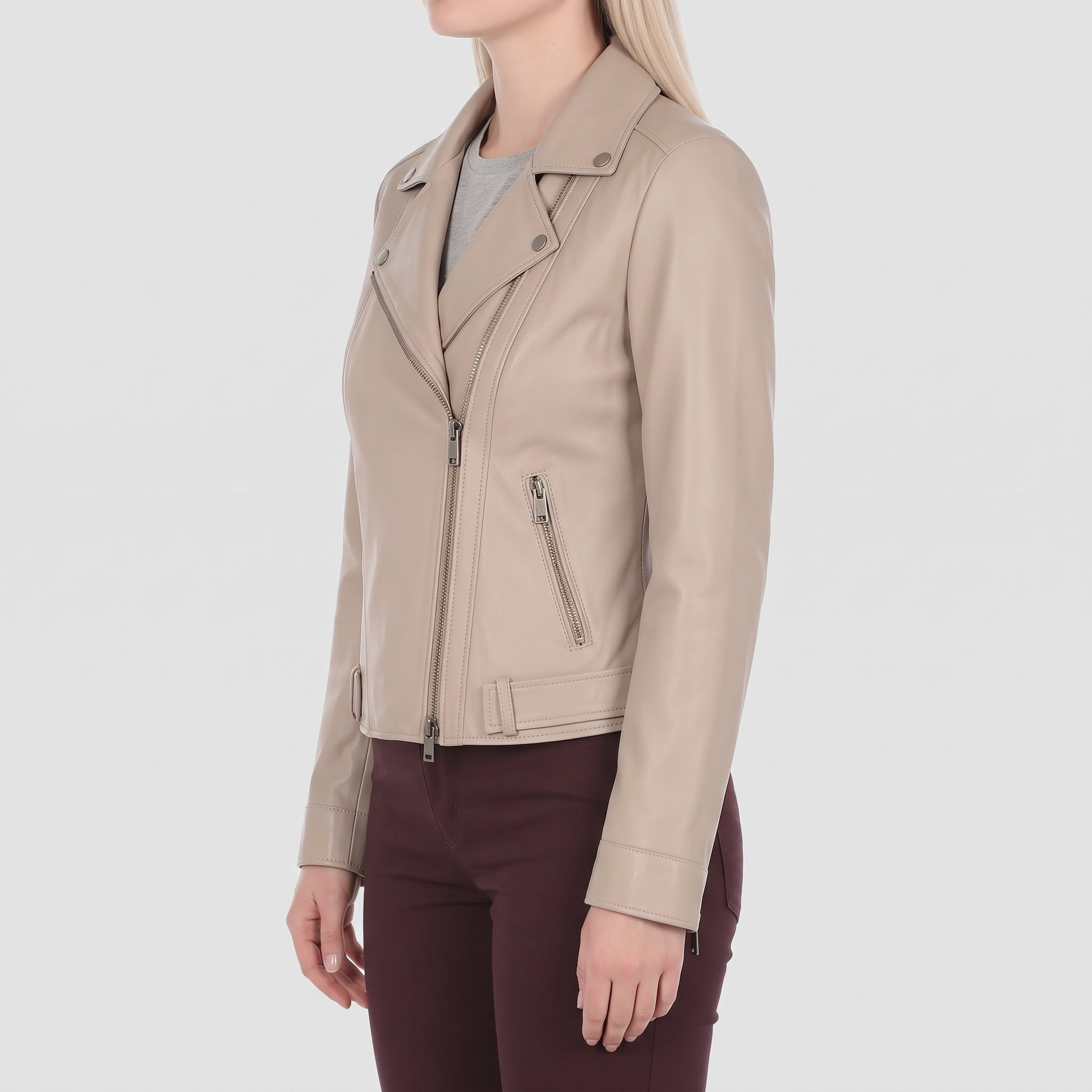 Women's Beige Leather Double Rider Jacket — Osgood