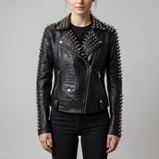 Women's Black Alligator-Embossed Leather Studded Biker Jacket — Dunstall
