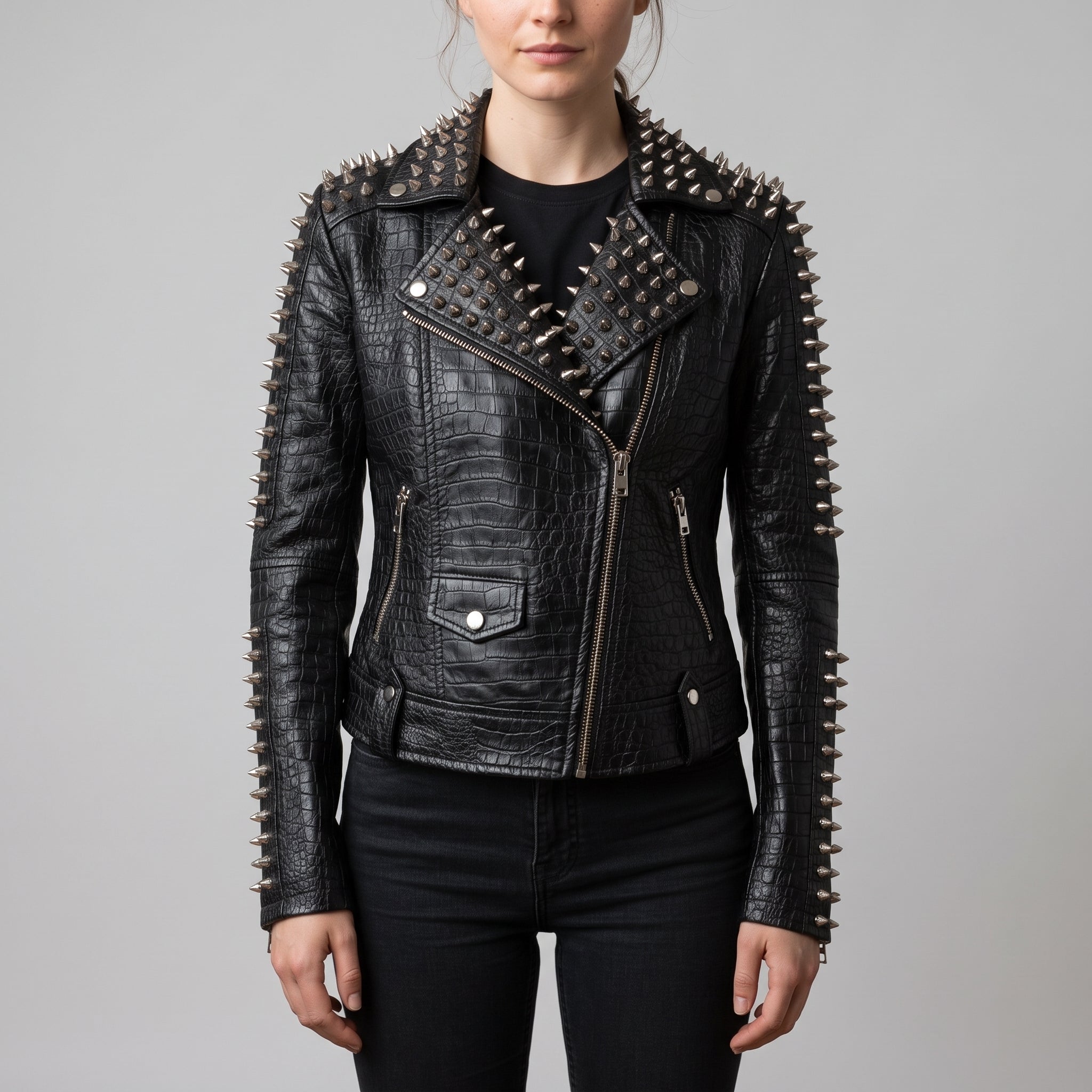 Women's Black Alligator-Embossed Leather Studded Biker Jacket — Dunstall