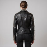 Women's Black Alligator-Embossed Leather Studded Biker Jacket — Dunstall