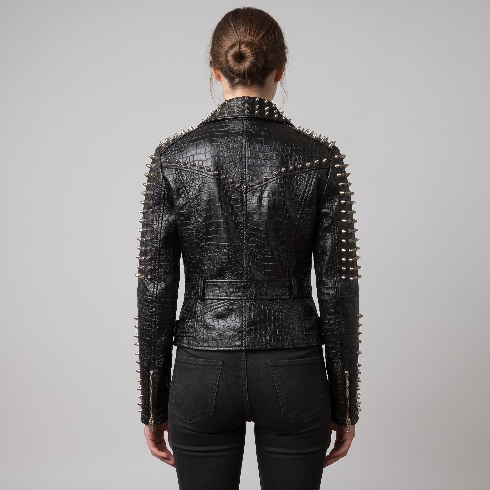 Women's Black Alligator-Embossed Leather Studded Biker Jacket — Dunstall