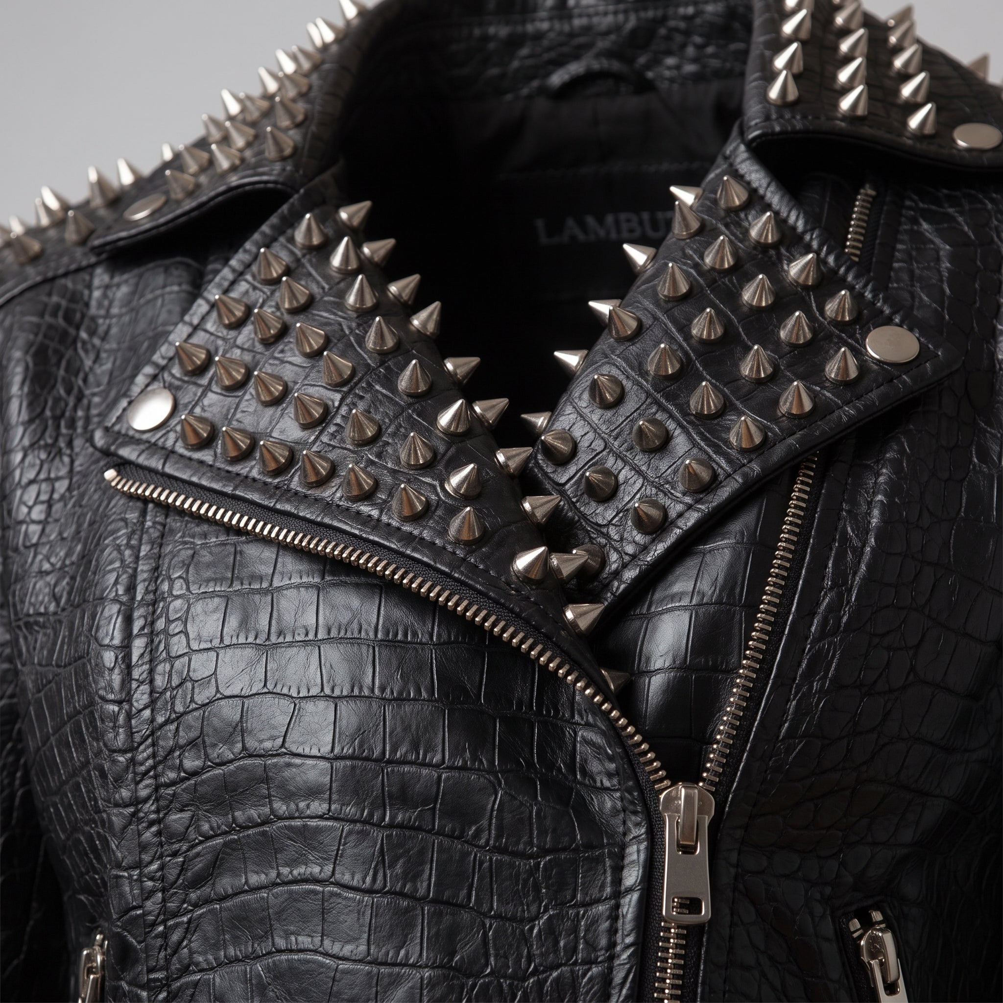 Women's Black Alligator-Embossed Leather Studded Biker Jacket — Dunstall