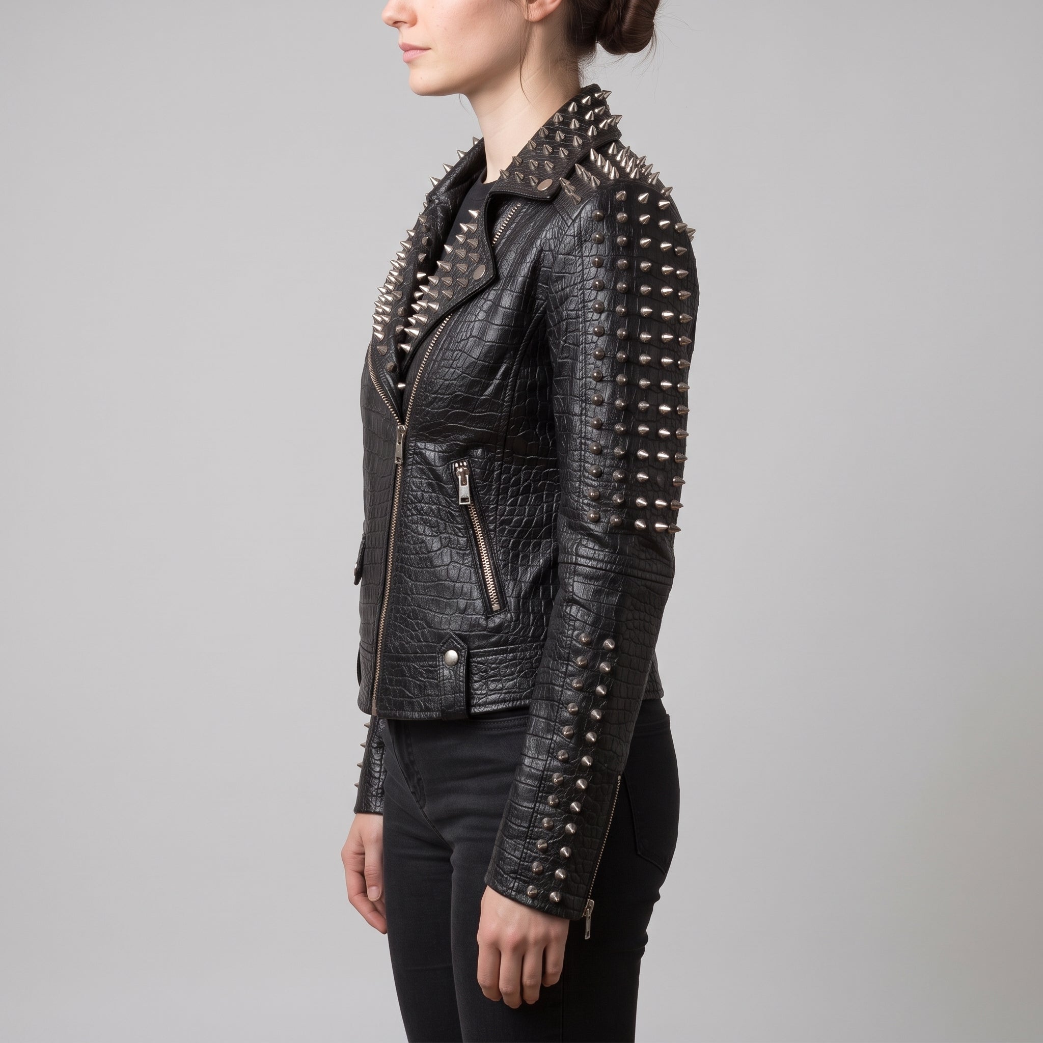Women's Black Alligator-Embossed Leather Studded Biker Jacket — Dunstall