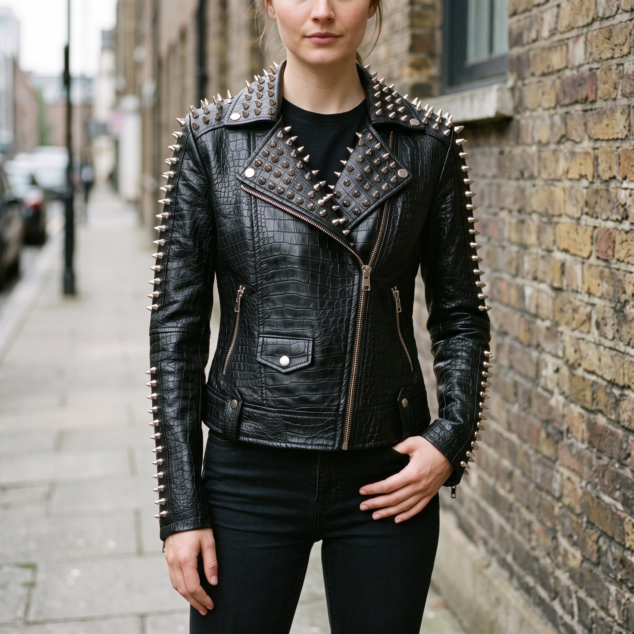 Women's Black Alligator-Embossed Leather Studded Biker Jacket — Dunstall
