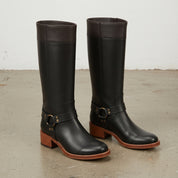 Women's Black and Dark Brown Leather Knee-High Harness Boots — Keith