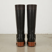 Women's Black and Dark Brown Leather Knee-High Harness Boots — Keith