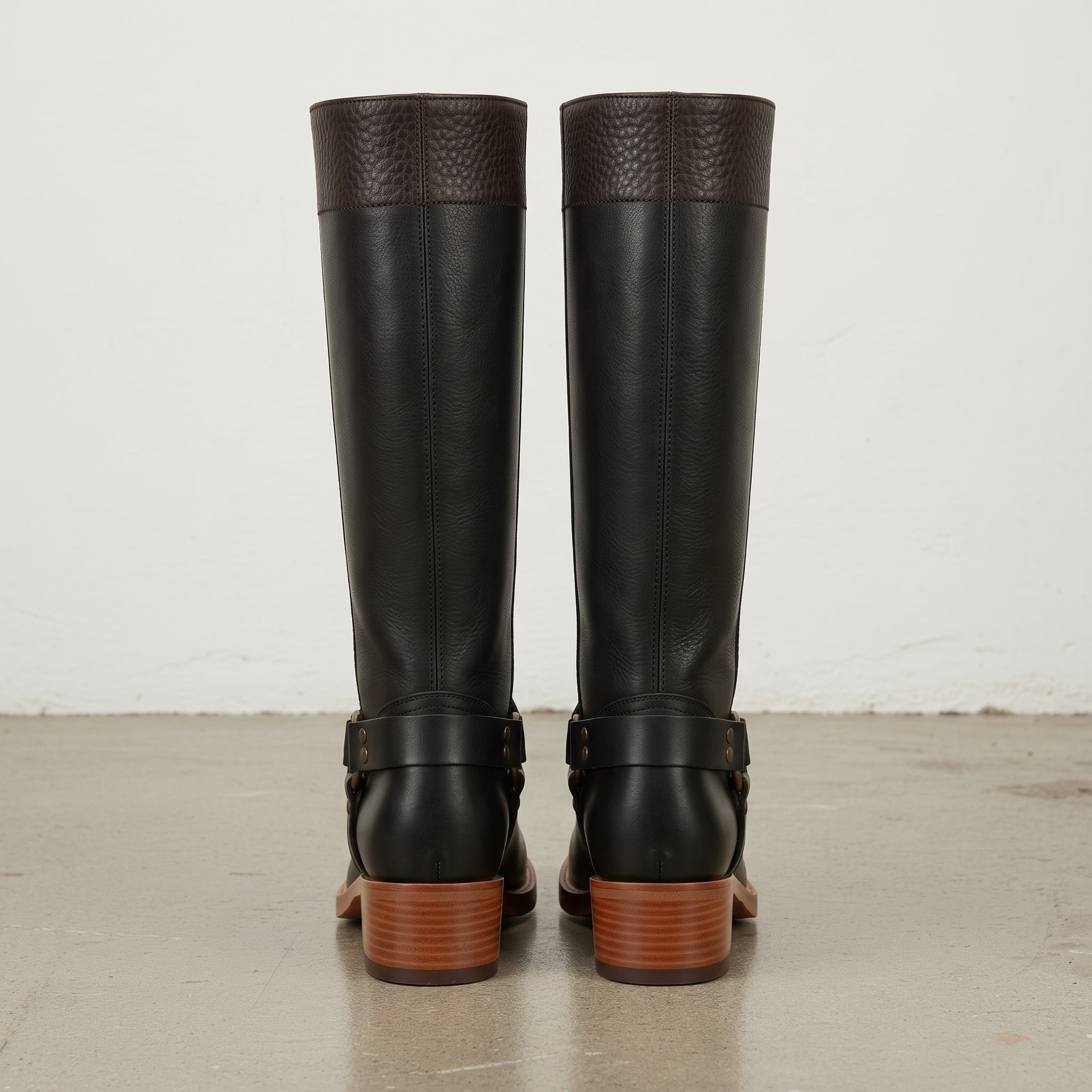Women's Black and Dark Brown Leather Knee-High Harness Boots — Keith