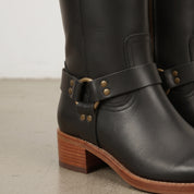 Women's Black and Dark Brown Leather Knee-High Harness Boots — Keith