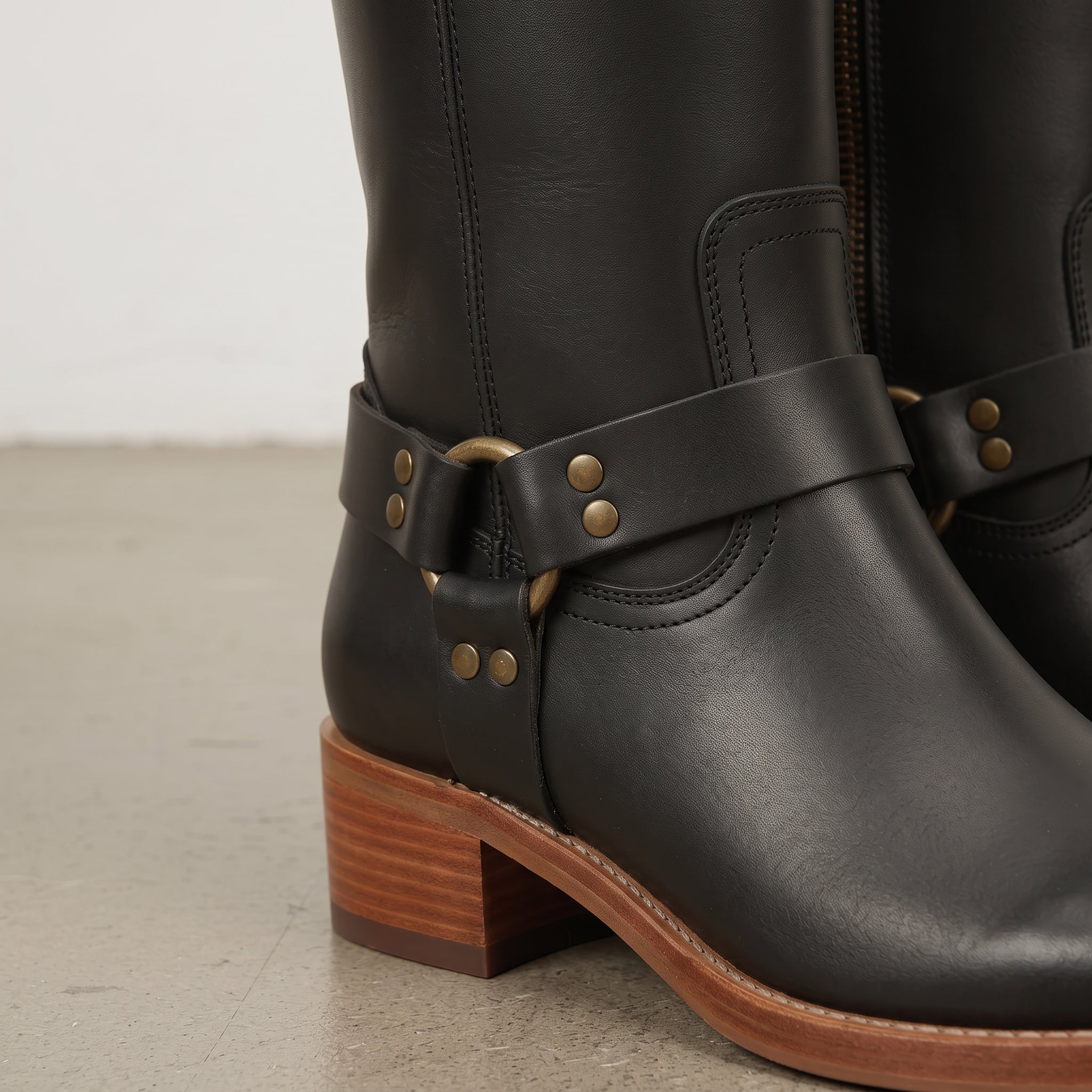Women's Black and Dark Brown Leather Knee-High Harness Boots — Keith