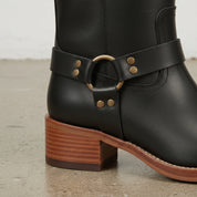Women's Black and Dark Brown Leather Knee-High Harness Boots — Keith