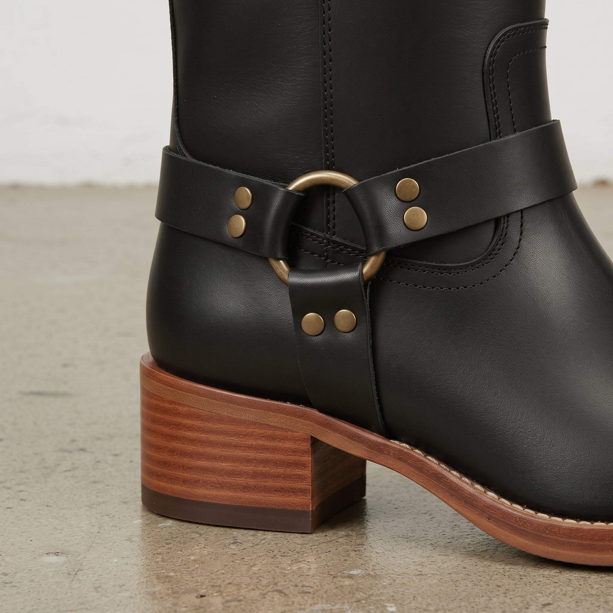 Women's Black and Dark Brown Leather Knee-High Harness Boots — Keith