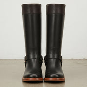 Women's Black and Dark Brown Leather Knee-High Harness Boots — Keith