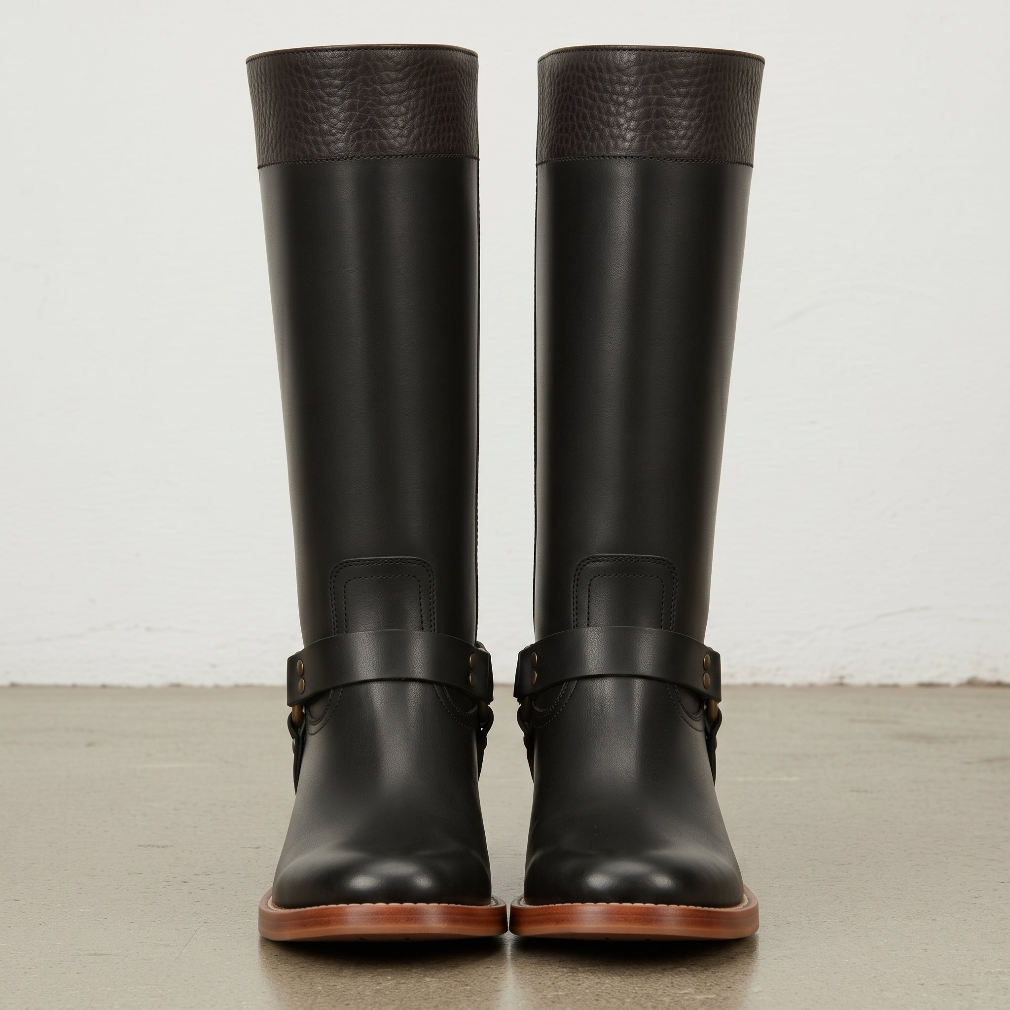 Women's Black and Dark Brown Leather Knee-High Harness Boots — Keith