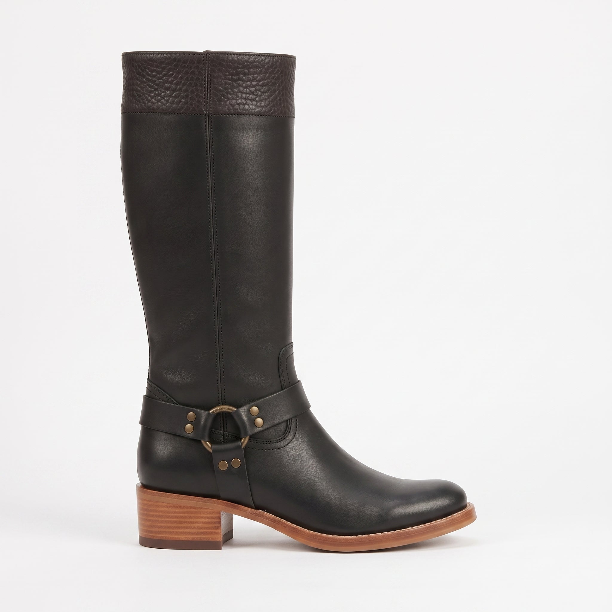 Women's Black and Dark Brown Leather Knee-High Harness Boots — Keith