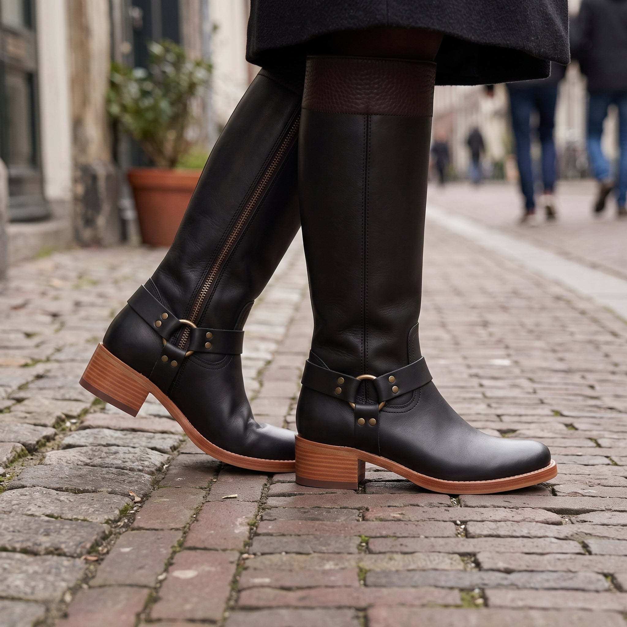 Women's Black and Dark Brown Leather Knee-High Harness Boots — Keith