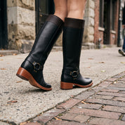 Women's Black and Dark Brown Leather Knee-High Harness Boots — Keith
