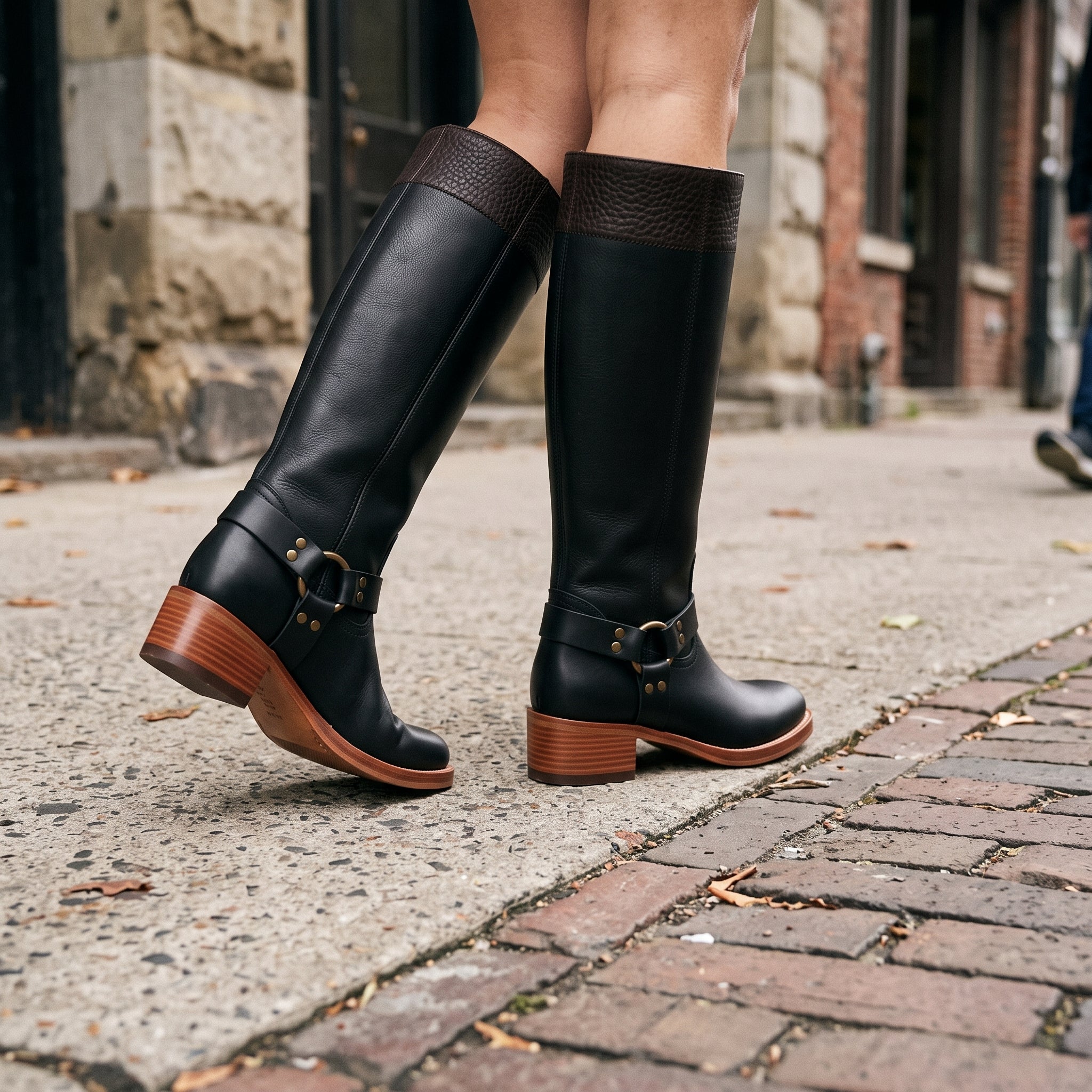 Women's Black and Dark Brown Leather Knee-High Harness Boots — Keith