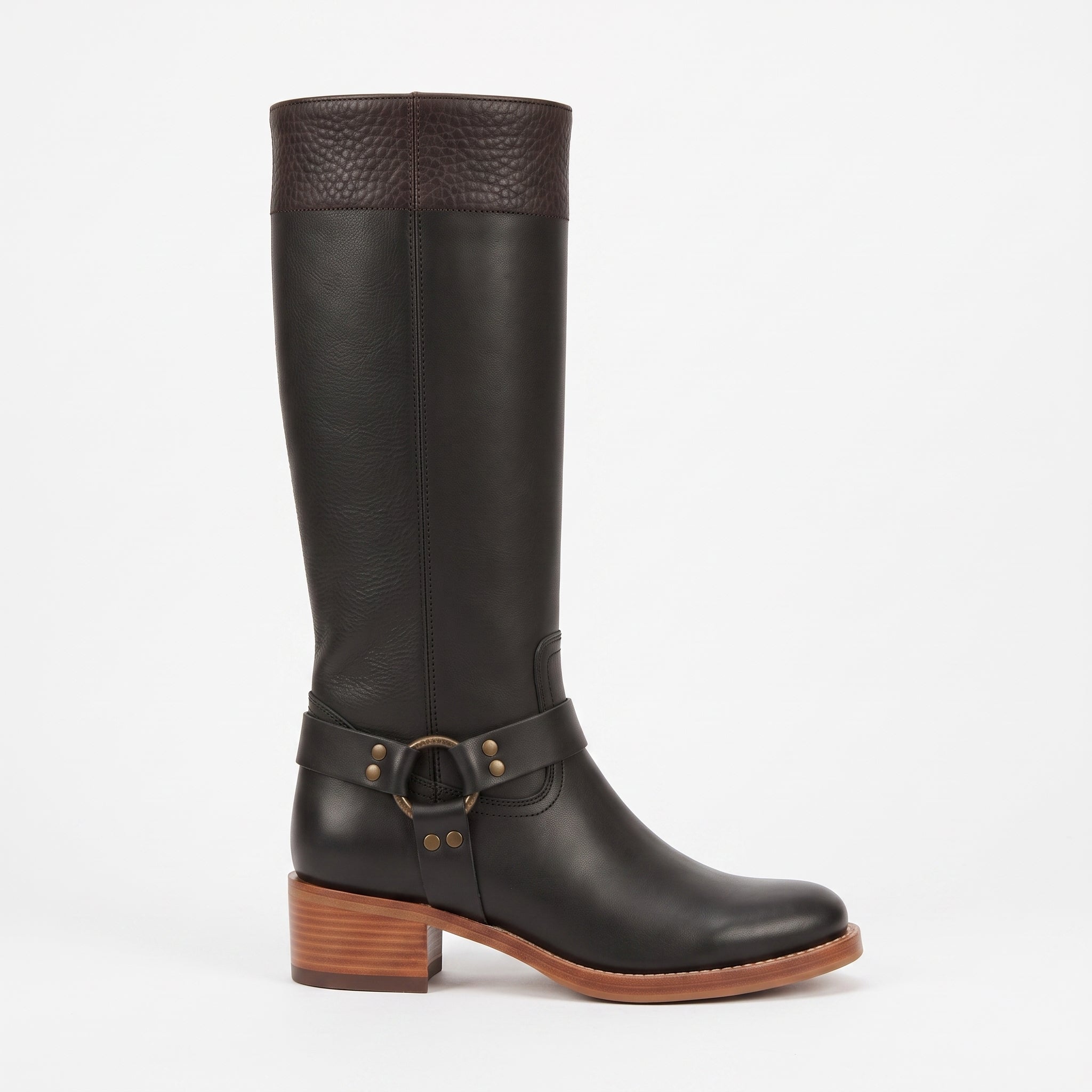 Women's Black and Dark Brown Leather Knee-High Harness Boots — Keith