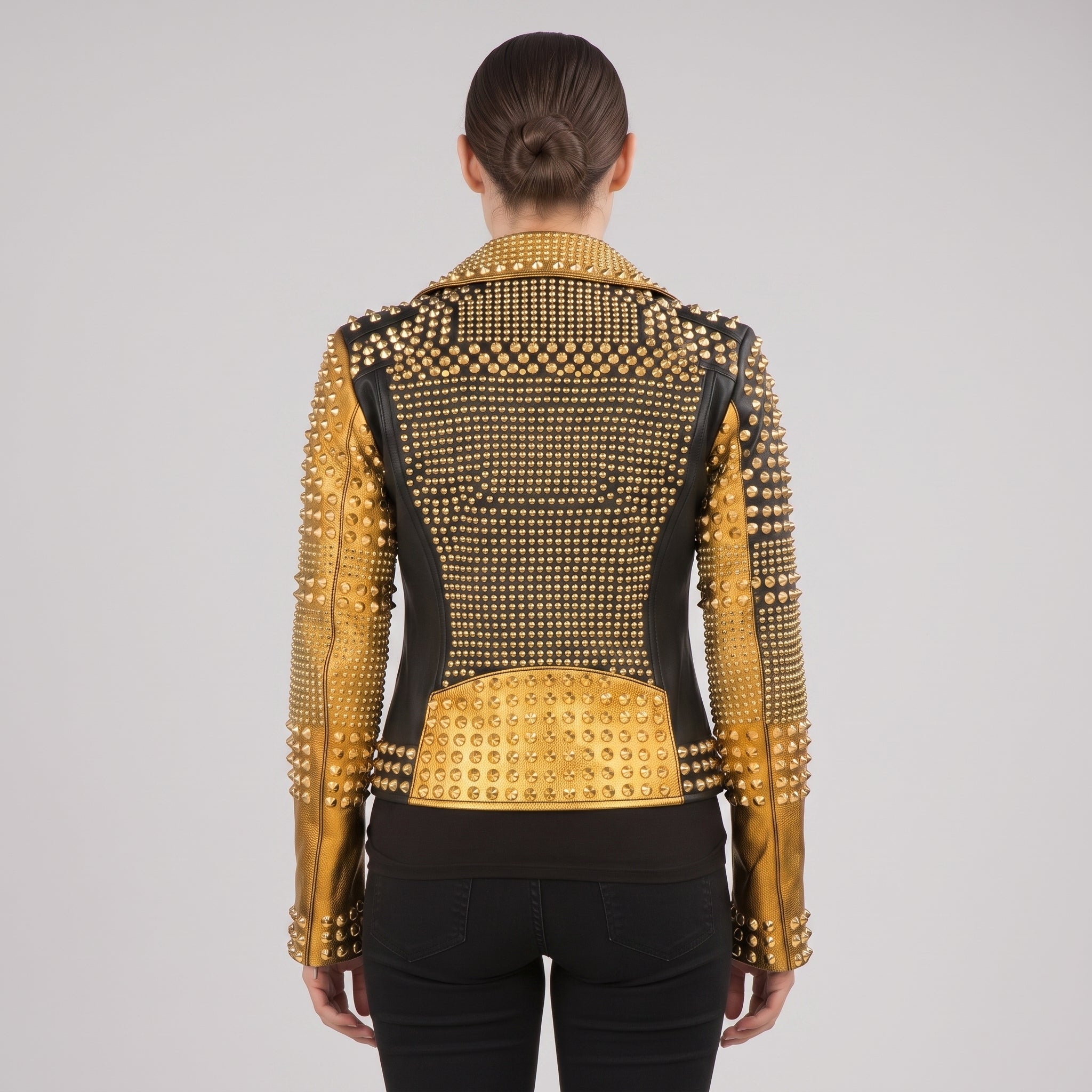 Women's Black and Gold Studded Leather Biker Jacket — Farington