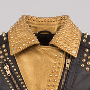 Women's Black and Gold Studded Leather Biker Jacket — Farington