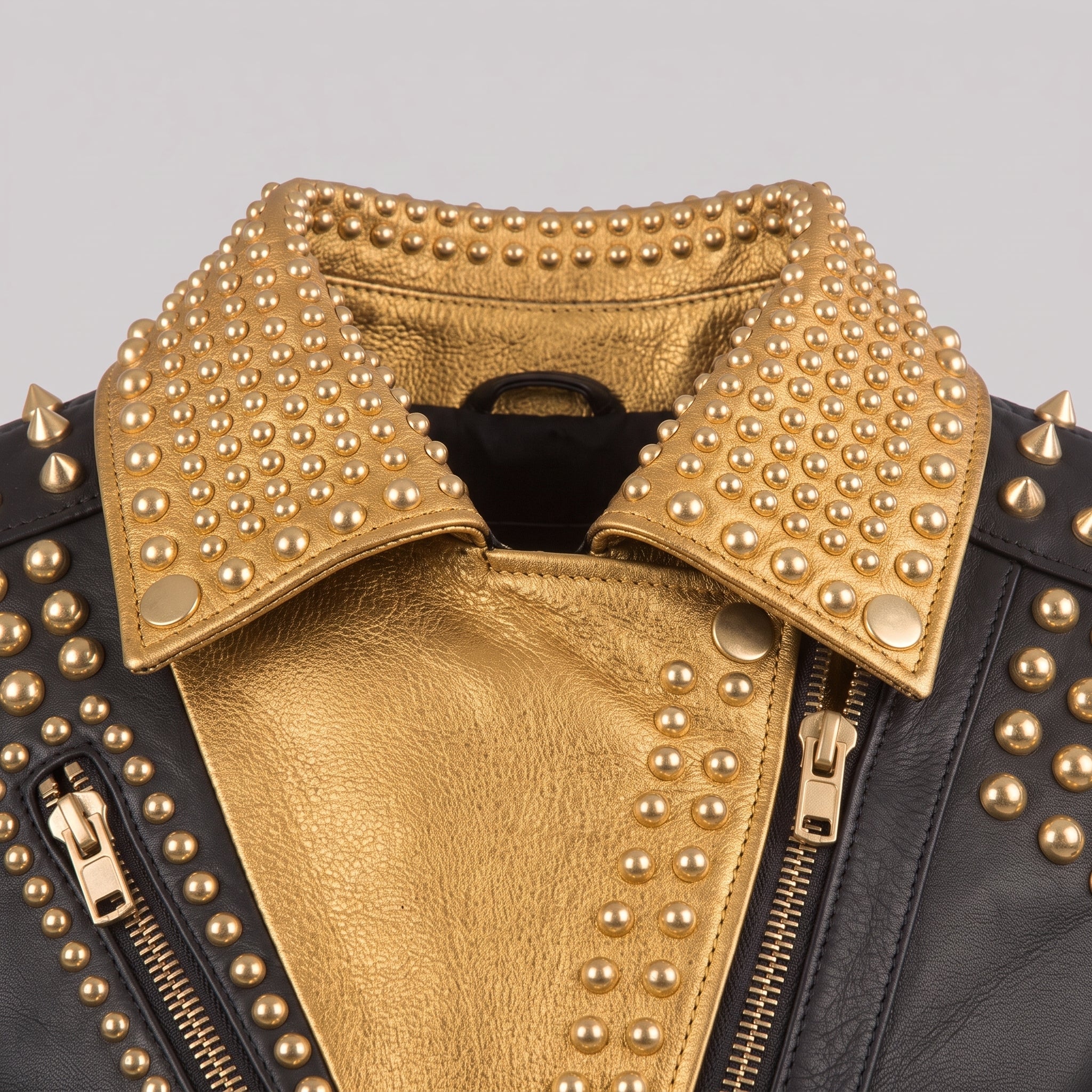 Women's Black and Gold Studded Leather Biker Jacket — Farington