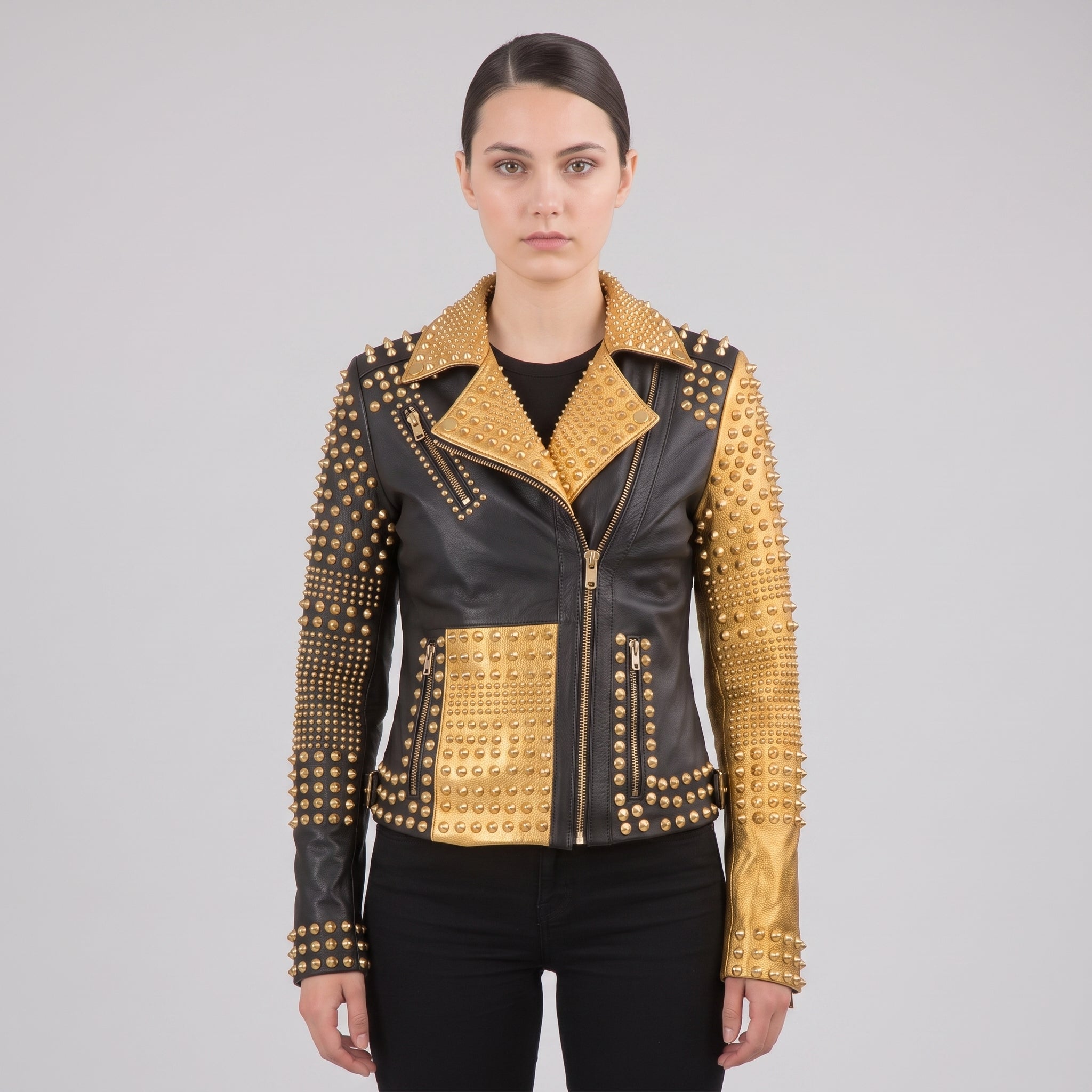 Women's Black and Gold Studded Leather Biker Jacket — Farington