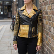 Women's Black and Gold Studded Leather Biker Jacket — Farington