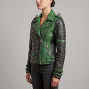 Women's Black and Green Studded Leather Biker Jacket — Burnett