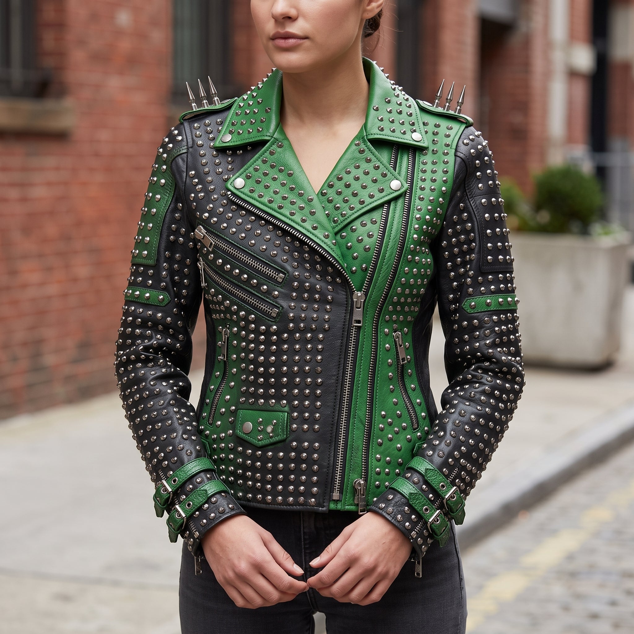 Women's Black and Green Studded Leather Biker Jacket — Burnett