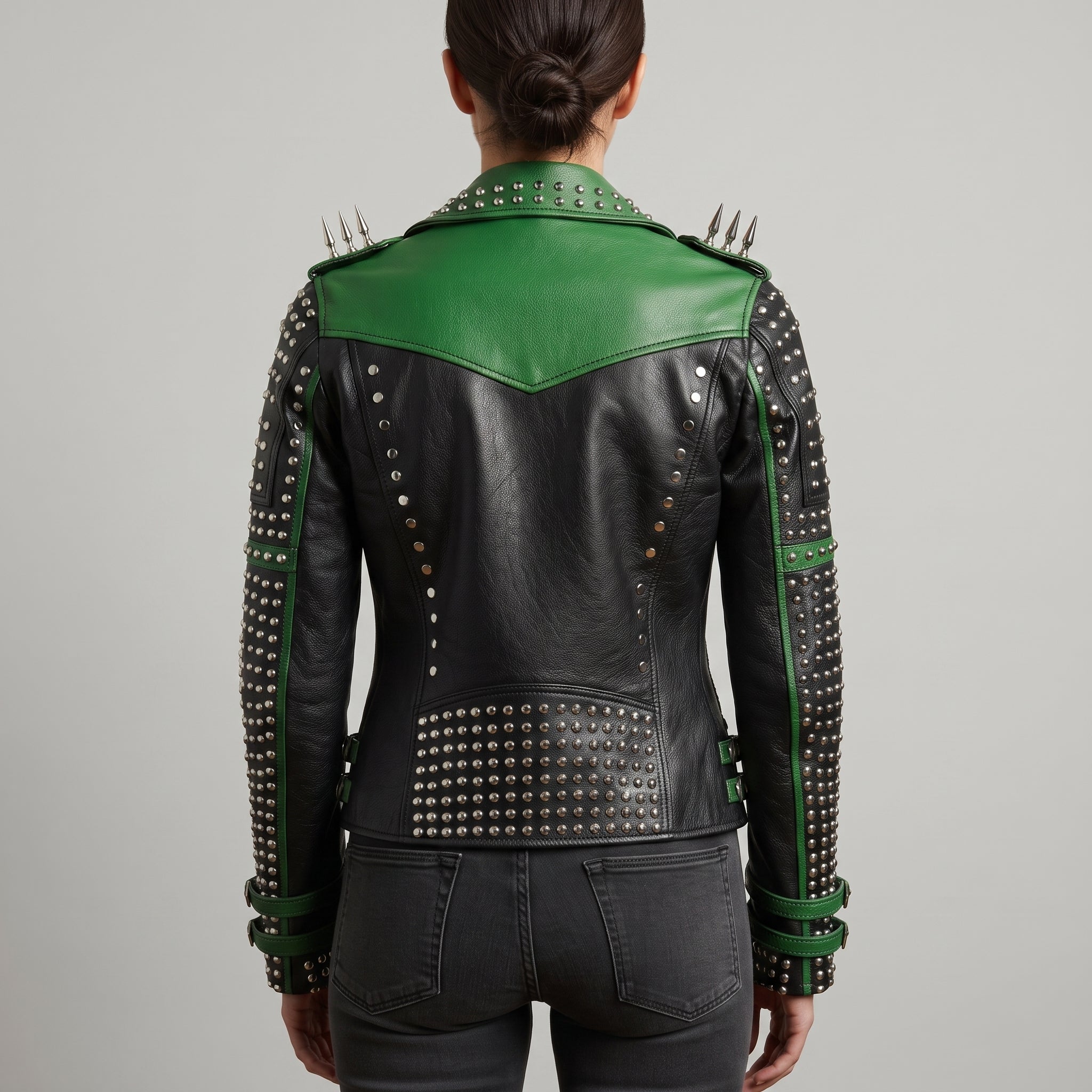 Women's Black and Green Studded Leather Biker Jacket — Burnett