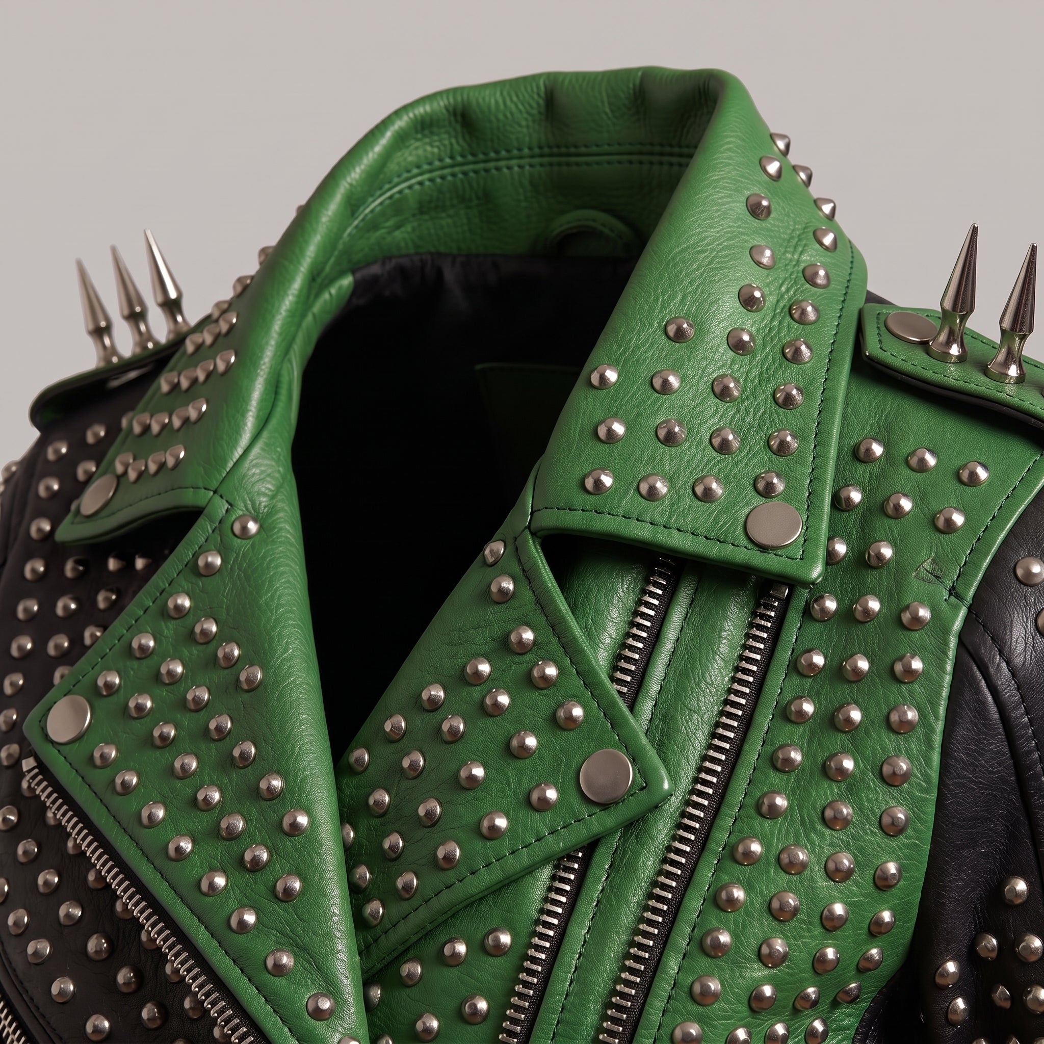 Women's Black and Green Studded Leather Biker Jacket — Burnett