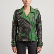 Women's Black and Green Studded Leather Biker Jacket — Burnett